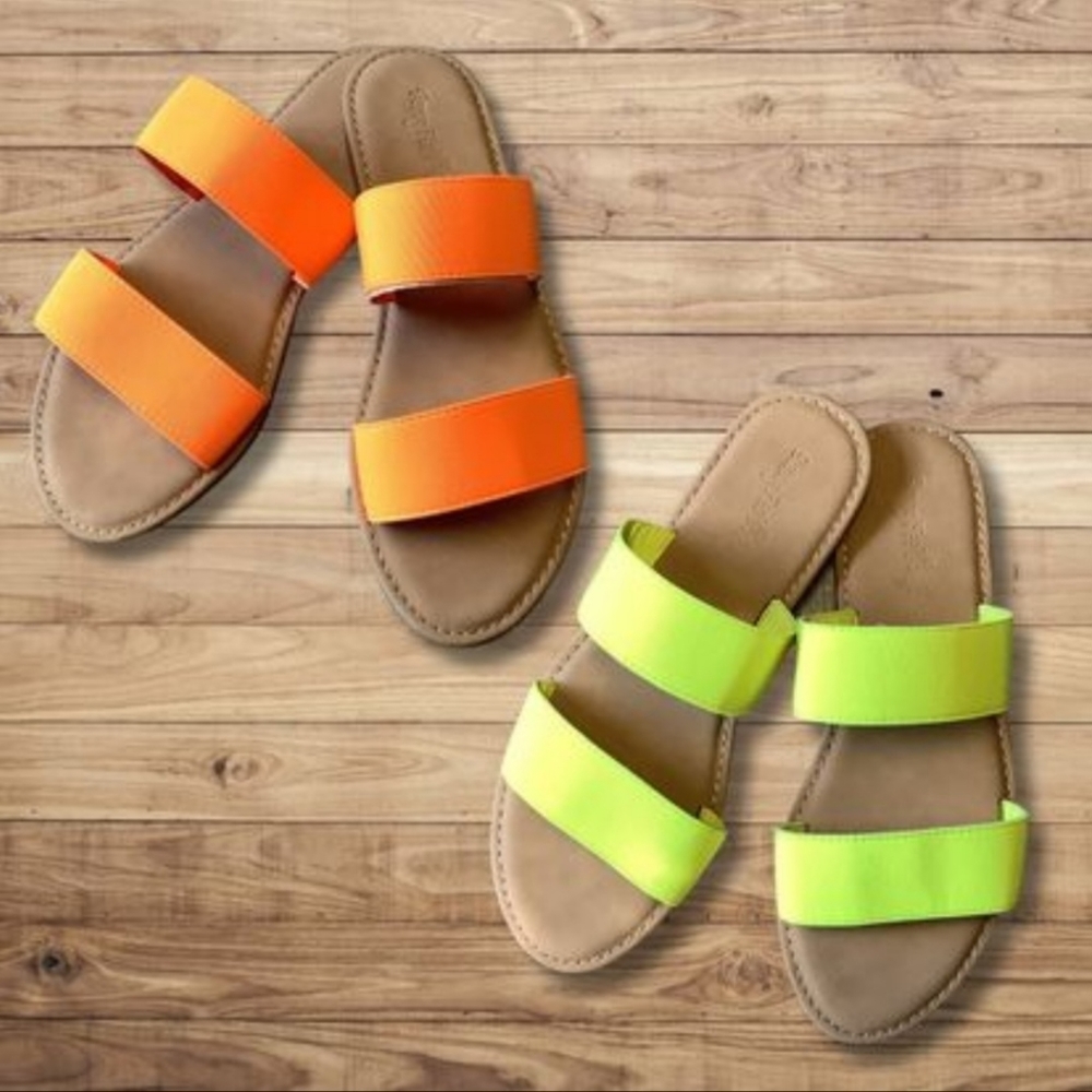 Lot of 2 Pair Summer Flat Sandals Orange and Hot Yellow